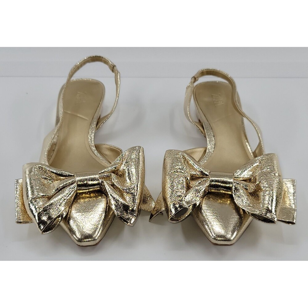 NWOT Zara‎ Gold Metallic Bow Slingback Pointed Toe Flats - Size 35 (US 5)